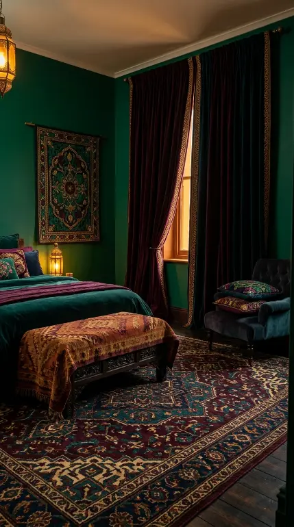 12 Bedroom Decor Colorful Jewel Tone Emerald Gold Moody 8 8. Emerald and Gold Bedroom With Maximalist Jewel-Tone Textiles Throughout