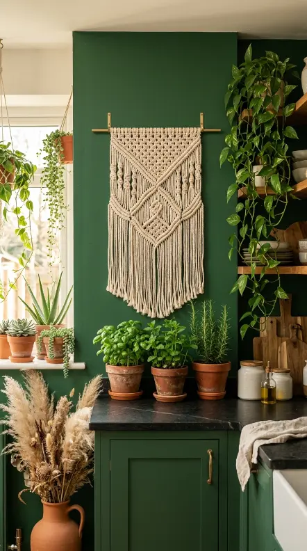 18 Modern Boho Kitchen Ideas Forest Green Soapstone Brass 8 8. Forest Green Kitchen With Macramé Wall Hanging and Botanical Styling
