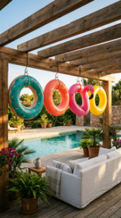 18 Chic Pool Float Storage Ideas for a Tidy Pool 8 8. Hang Floats From a Pergola or Shade Structure