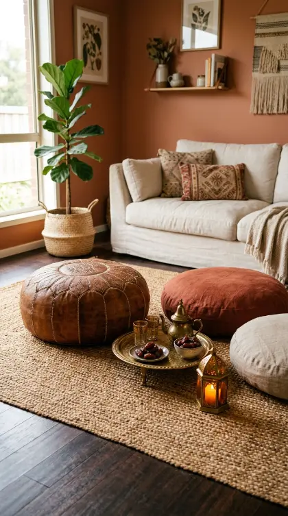 14 Bohemian Rugs Natural Jute Seagrass Earthy Living Room 8 8. Jute Rug With Vintage Moroccan Pouf and Floor Seating
