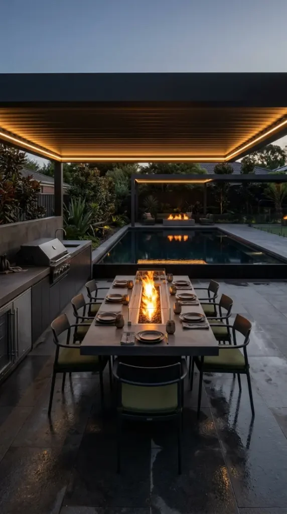 24 Outdoor Kitchen Ideas Luxury Resort Style With Pool 8 8. Outdoor Kitchen With Integrated Fire Pit Dining Table