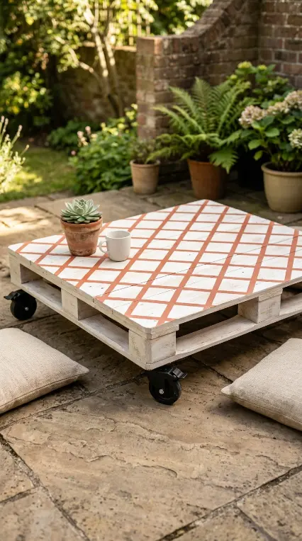 18 Pallet Table DIY Whitewashed Outdoor Patio Wheels 8 8. Paint Geometric Patterns Over the Whitewash for a Boho Statement Table