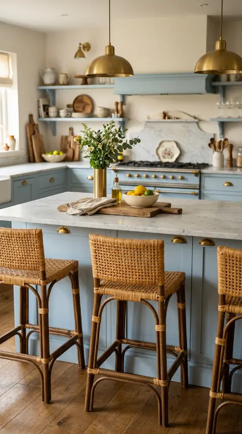 12 Bohemian Kitchen Pale Blue Vintage Range Brushed Gold 8 8. Pale Blue Kitchen With Rattan Bar Stools and Natural Texture Mix