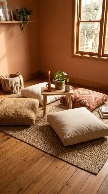 20 Bohemian Pillows Natural Fiber Pom Pom Woven Sheepskin 8 8. Place Oversized Floor Cushions in Natural Fiber Fabrics for a Boho Seating Zone