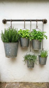 12 Herb Planter Ideas Vintage Galvanized Metal Collection 8 8. Plant a Galvanized Metal Herb Ladder Shelf Against a Garden Wall