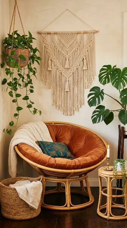 15 Bohemian Chair Ideas With a Cozy Rattan Papasan Look 8 8. Rattan Papasan With Boho Macrame and Plant Corner Styling