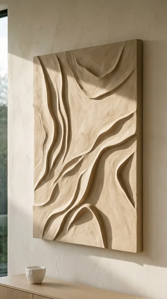 22 Minimalist Living Room Decor Ideas Sculptural Plaster 8 8. Single Large-Scale Plaster Wall Relief Panel