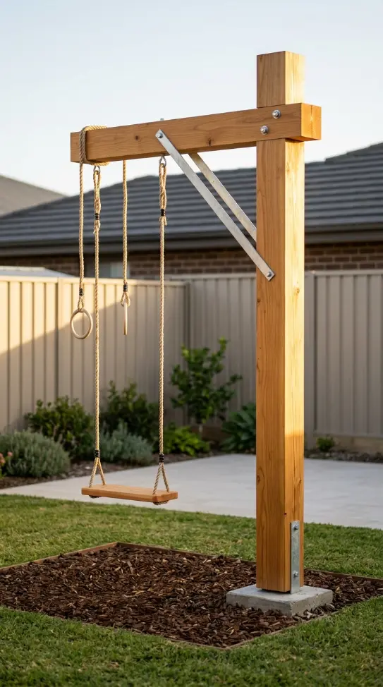 20 DIY Jungle Gym Small Space Compact Tiny Backyard 8 8. Single Post Swing With No A-Frame