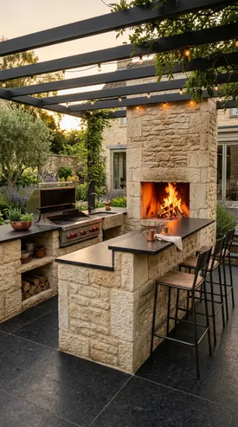 22 Outdoor Kitchen Ideas Rustic Stone With Fireplace 8 8. Stone Kitchen Island With Fireplace Bar Seating