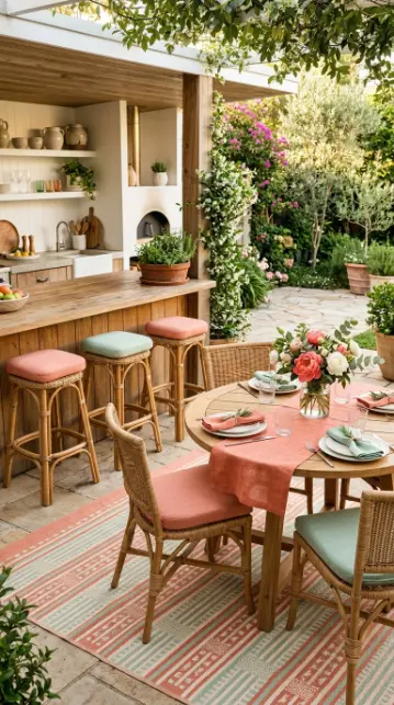 22 Colorful Summer Kitchen Decor Ideas Outdoor Coral Mint 8 8. Summer Kitchen With Coral and Mint Outdoor Cushions and Textile Styling