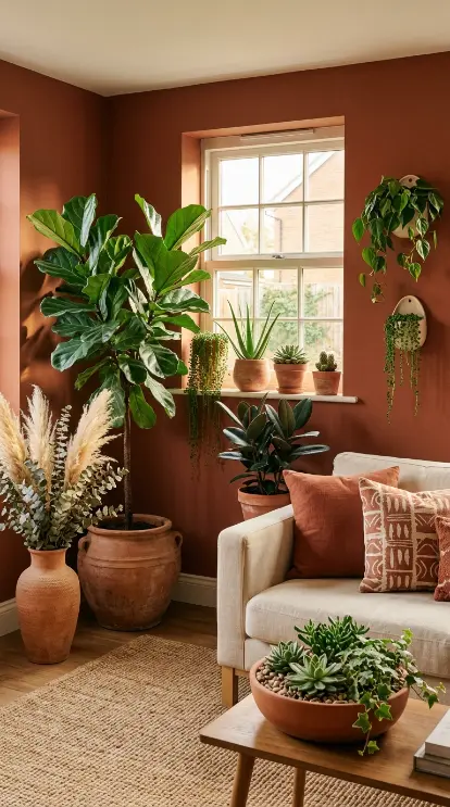 16 Living Room Decor Color Schemes Warm Terracotta Cream 8 8. Terracotta and Cream With Abundant Botanicals and Terracotta Pots