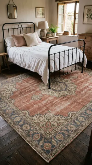 20 Cute Rugs Ideas for Bedrooms That Make You Want to Stay in Bed Forever 8 8. Vintage Persian Rug in Soft Muted Tones