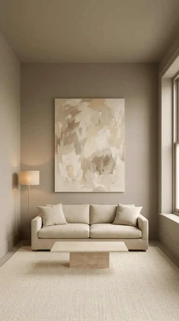 15 Cozy Minimalist Living Room Warm Greige Color Drenched 8 8. Warm Greige Room With Candle and Warm Amber Lamp Evening Scene