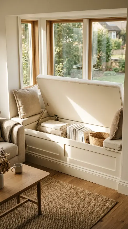 20 Minimalist Living Room Small Spaces Multifunctional 8 8. Window Seat With Hidden Storage Below