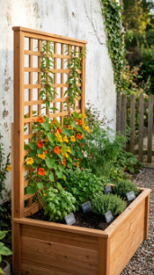 18 Herb Garden Ideas Rustic Cedar Raised Bed Outdoor 8 8.Install a Cedar Raised Herb Bed With a Trellis Back Panel