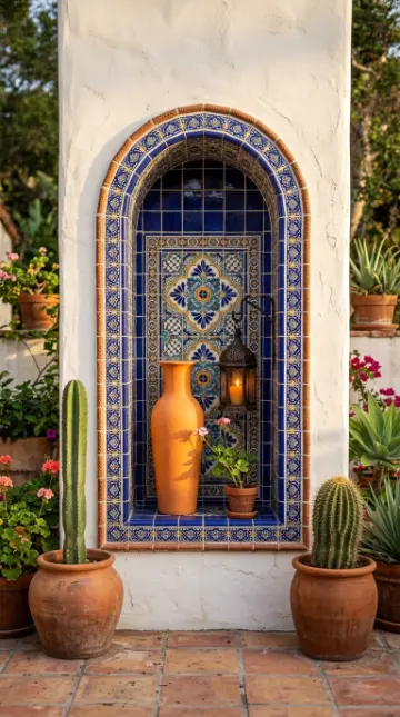 18 Outdoor Living Space Design Spanish Revival Arched Tile 9 9. Arched Tile Niche as Decorative Outdoor Wall Feature