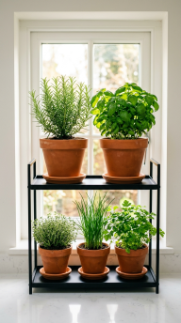 18 Herb Garden Ideas Indoor Kitchen Window Terracotta 9 9. Arrange Terracotta Pots on a Small Tiered Plant Stand at the Window