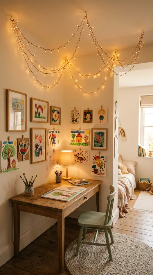 12 Kids Room Corner Decor Inspiration Art Station Creative 9 9. Art Corner With Fairy Light Canopy Overhead