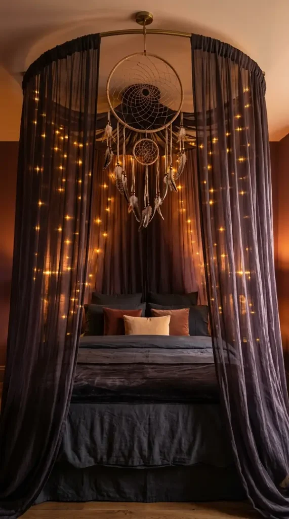 18 Bohemian Bed Dark Charcoal Fairy Light Dreamcatcher 9 9. Bohemian Bed Canopy With Sheer Dark Fabric and Fairy Lights