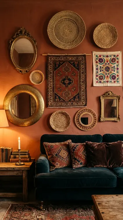 17 Bohemian Mirror Gallery Wall Living Room Vintage Eclectic 9 9. Bohemian Mirror Wall With Hanging Textiles and Woven Baskets