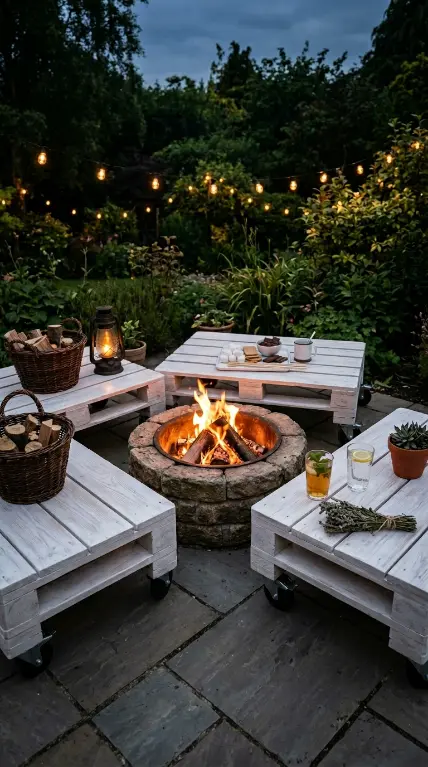18 Pallet Table DIY Whitewashed Outdoor Patio Wheels 9 9. Build a Whitewashed Pallet Table Fire Pit Station on Heavy-Duty Wheels