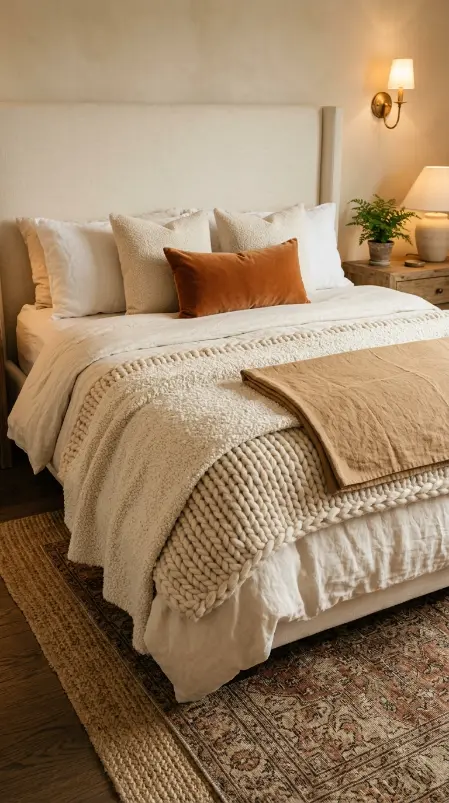 22 Cozy Warm Bedroom Aesthetic Vintage Brass Layered Rugs 9 9. Chunky Knit and Boucle Throw Layering