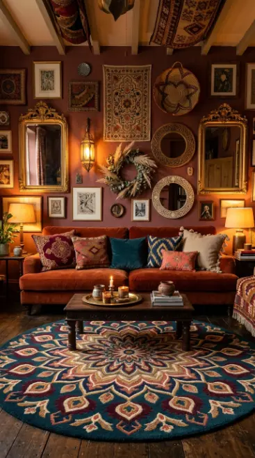 14 Bohemian Rugs Round Mandala Maximalist Colorful Room 9 9. Colorful Round Mandala Rug With Maximalist Gallery Wall Behind Sofa