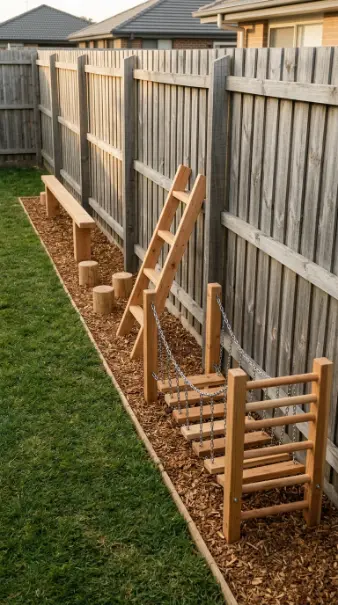 20 DIY Jungle Gym Small Space Compact Tiny Backyard 9 9. Compact Cedar Obstacle Trail Along Fence Line