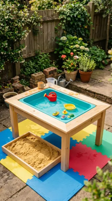 22 DIY Kids Playground Sandbox and Water Table for Small Yards 9 9. Convertible Sand and Water Table With Removable Liner