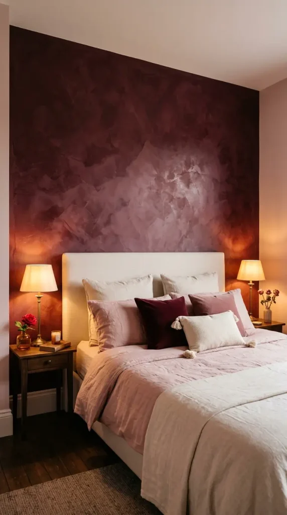 15 Bedroom Decor Colorful Blush Burgundy Romantic Style 9 9. Dark Burgundy Limewash Accent Wall Behind Bed