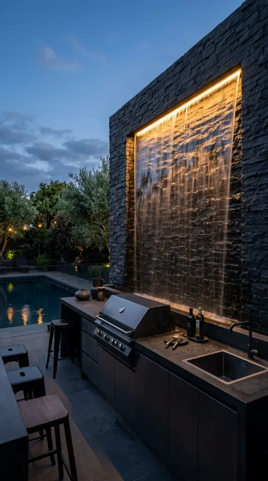 20 High End Outdoor Kitchen Inspiration Dark Moody Style 9 9. Dark Moody Outdoor Kitchen With Cascading Water Feature Wall Behind