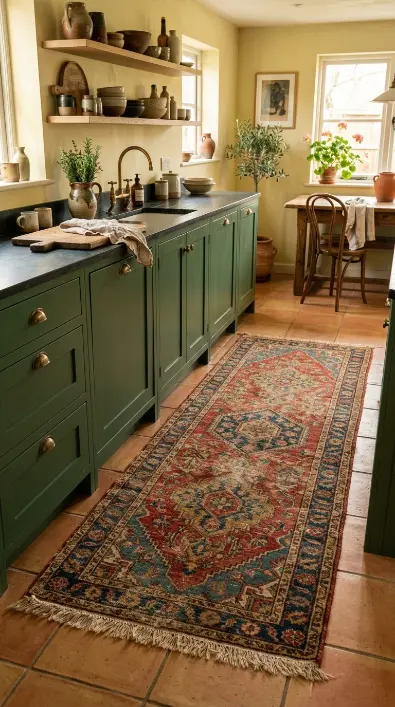 18 Modern Boho Kitchen Ideas Forest Green Soapstone Brass 9 9. Forest Green Kitchen With Vintage Persian Rug