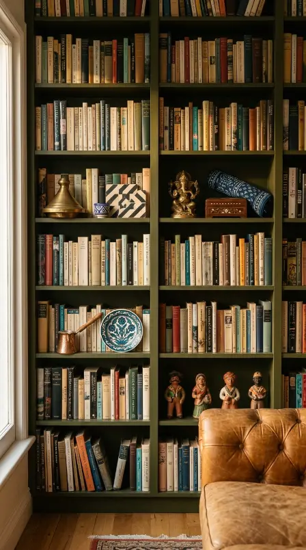16 Bohemian Living Room Dark Olive Book Wall Chesterfield 9 9. Global Collected Objects on Dark Olive Bookshelf Sections