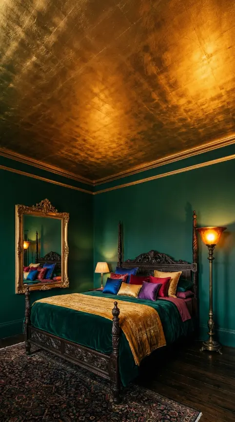 12 Bedroom Decor Colorful Jewel Tone Emerald Gold Moody 9 9. Gold Leaf or Gold Painted Ceiling in Emerald Bedroom