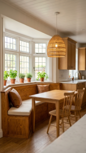 20 DIY Breakfast Nook Bay Window Wraparound Banquette 9 9. Hang a Statement Pendant Light Above the Nook Table