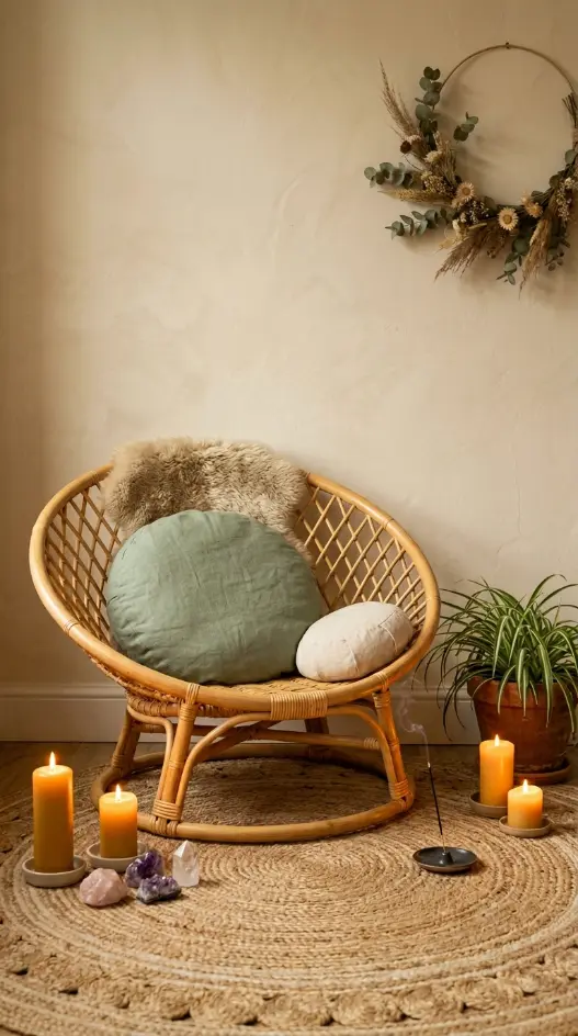 15 Bohemian Chair Ideas With a Cozy Rattan Papasan Look 9 9. Low Rattan Scoop Chair as Floor-Level Bohemian Meditation Seat