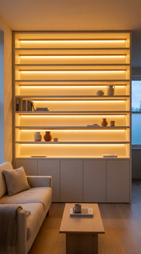 13 Minimalist Living Room Small Spaces Built-In Storage 9 9. Minimalist Built-In Shelving With Integrated LED Strip Lighting