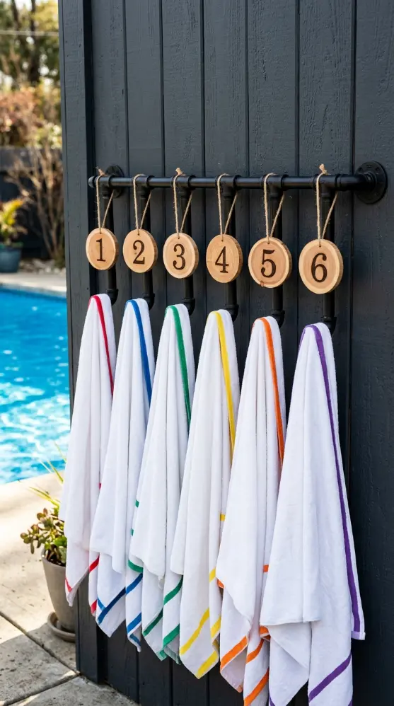 20 Pool Towel Rack Ideas DIY Industrial Pipe Name Tags 9 9. Numbered Hook Pipe Rack — Assigned Numbers Instead of Names