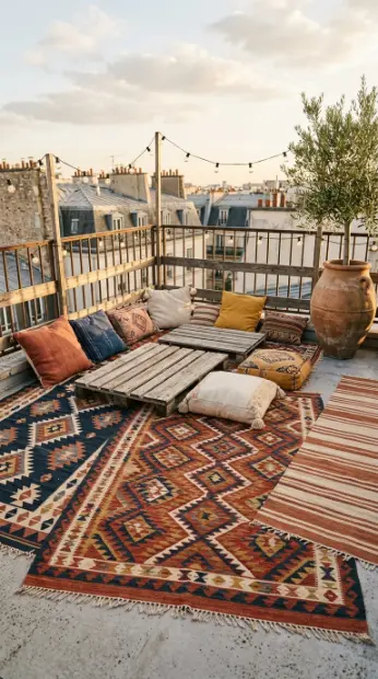 20 Pallet Table Outdoor Boho Rooftop Terrace Floor Cushions 9 9. Pallet Terrace with Kilim Rugs and Global Textile Layering