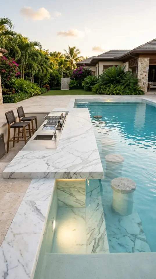 24 Outdoor Kitchen Ideas Luxury Resort Style With Pool 9 9. Resort-Style Outdoor Bar With Swim-Up Counter