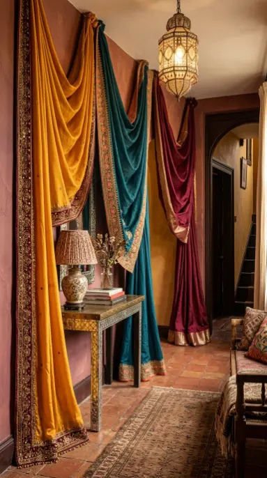 18 Bohemian Mirror Mosaic Beaded Entryway Decor Statement 9 9. Sari Fabric Draped Entryway With Beaded Hem Detail
