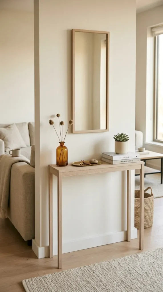 20 Minimalist Living Room Small Spaces Multifunctional 9 9. Slim Console Table as Entry Slash Living Room Multitasker