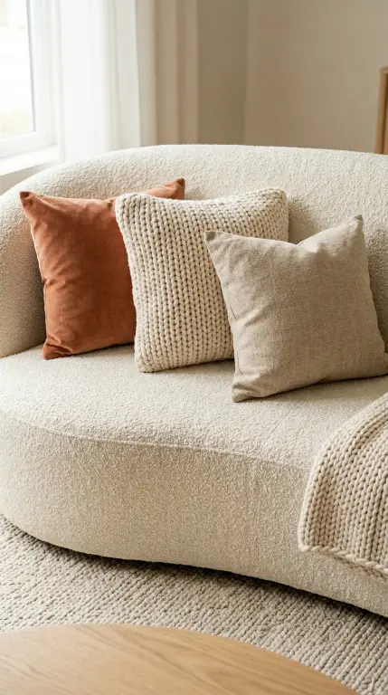 18 Minimalist Living Room Decor Ideas Warm Texture Curved 9 9. Style the Sofa With Three Cushions Maximum in Complementary Textures