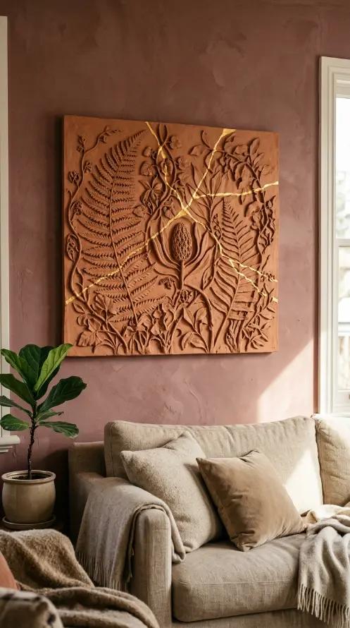 14 Bohemian Wall Decor Terracotta Ceramic Relief Mixed Media 9 9. Terracotta Relief Wall Panel With Kintsugi Gold Detail