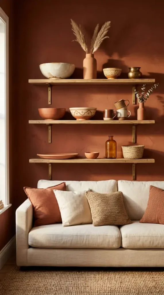 16 Living Room Decor Color Schemes Warm Terracotta Cream 9 9. Terracotta and Cream With Global Ceramic Collection Display