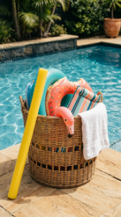18 Chic Pool Float Storage Ideas for a Tidy Pool 9 9. Use a Large Outdoor Laundry Basket With Drainage Holes