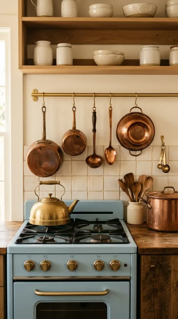 12 Bohemian Kitchen Pale Blue Vintage Range Brushed Gold 9 9. Vintage Copper Pots and Brushed Gold Kitchen Accessories on Pale Blue Range