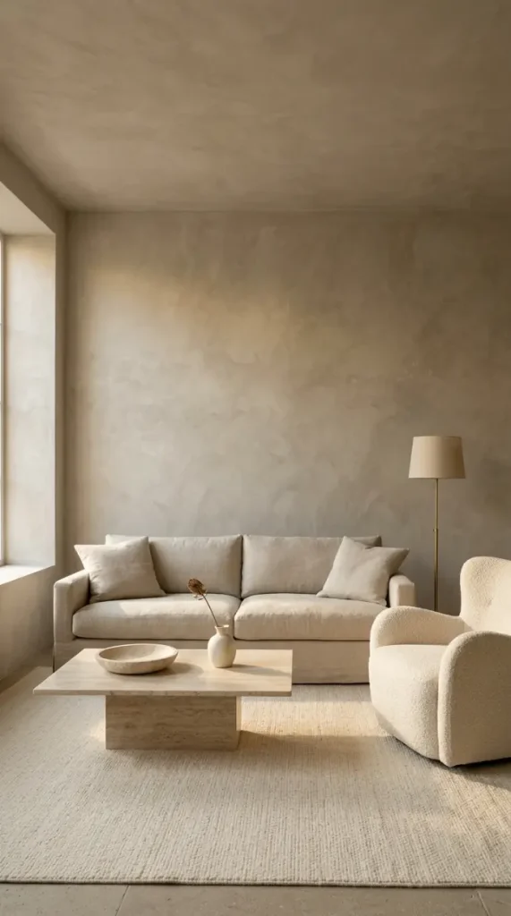 15 Cozy Minimalist Living Room Warm Greige Color Drenched 9 9. Warm Greige Color Drench With Textured Limewash Finish