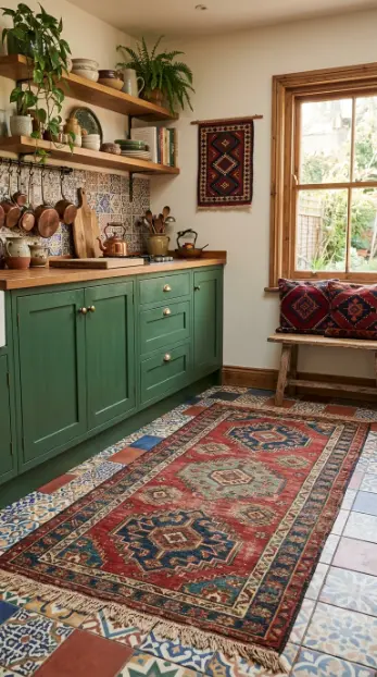 12 Bohemian Kitchen Ideas Global Patchwork Tile Copper Pots 9 9. Woven Global Textiles in the Kitchen — Kilim Runner, Hanging, and Cushion