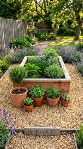 18 Herb Garden Ideas Rustic Cedar Raised Bed Outdoor 9 9.Style the Herb Bed Surroundings With Gravel Paths and Terracotta Pots